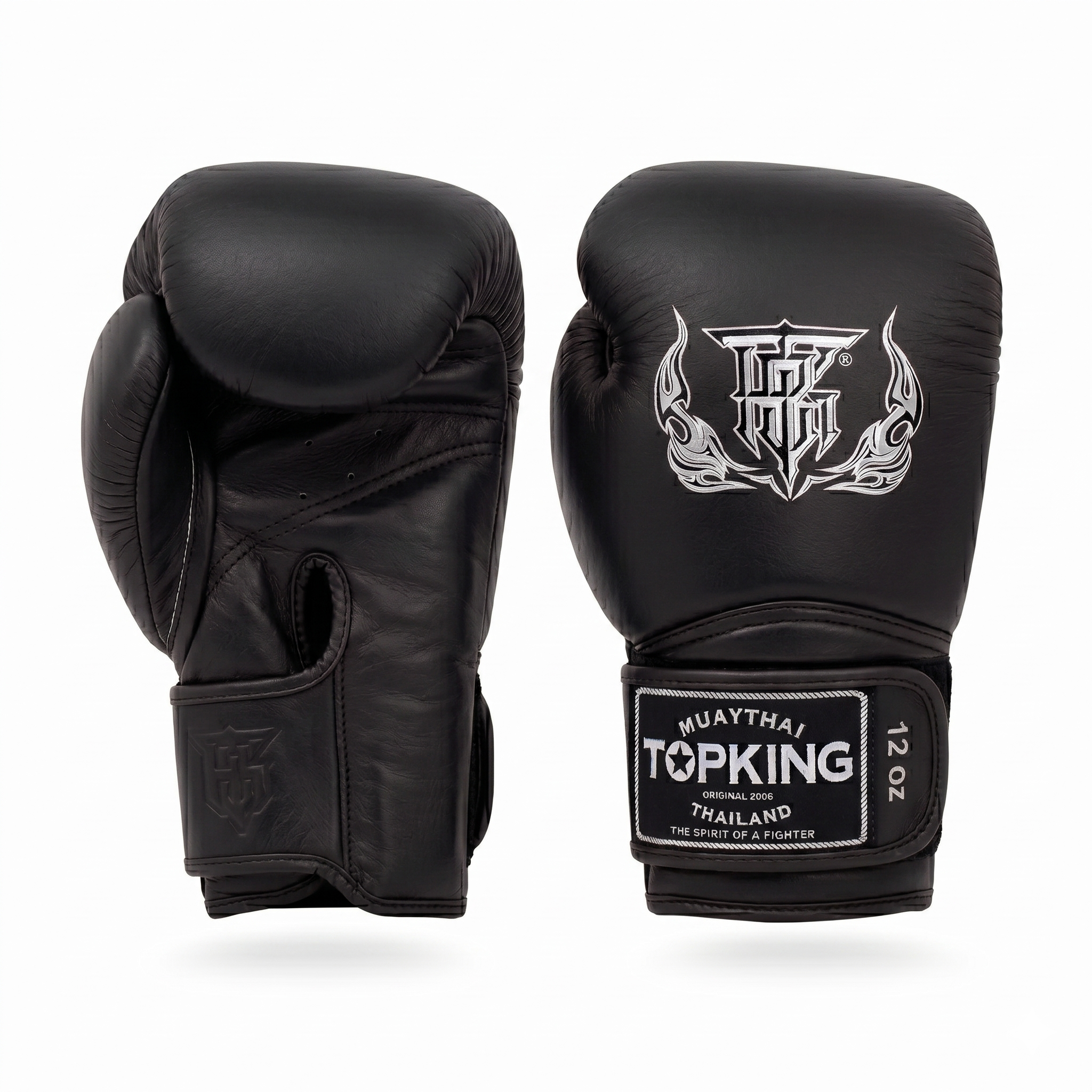 Black boxing gloves with TopKing logo on a white background