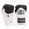 Pair of white and black boxing gloves with Topking branding on a white background