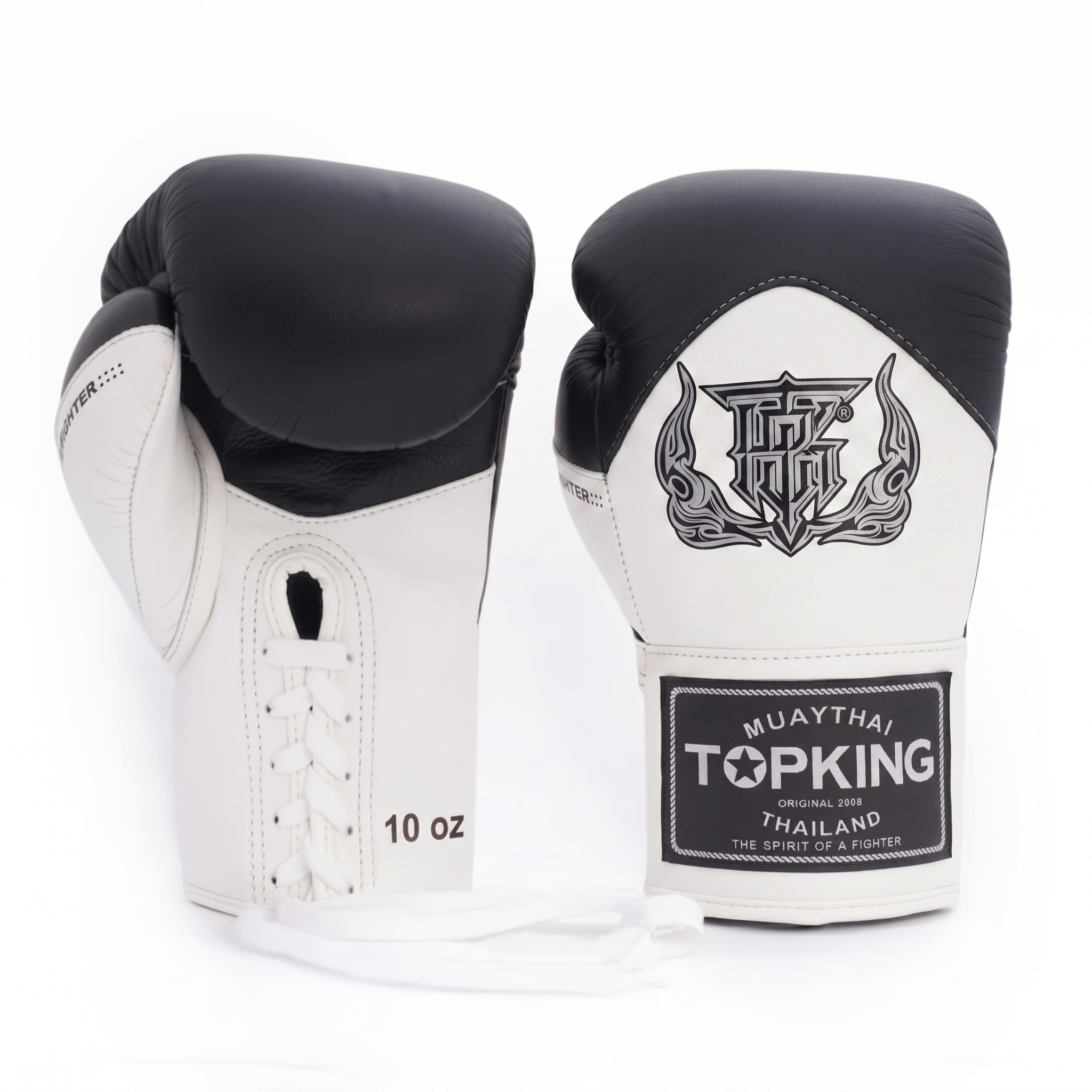 Pair of white and black boxing gloves with Topking branding on a white background