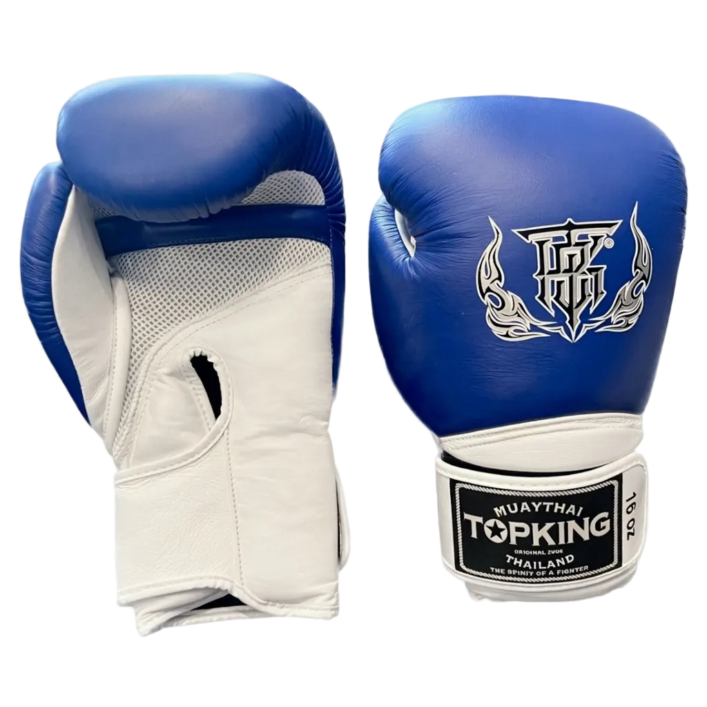 Blue and white boxing gloves with TopKing branding on a light gray background