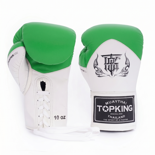 Green and white boxing gloves with Topking branding on a white background
