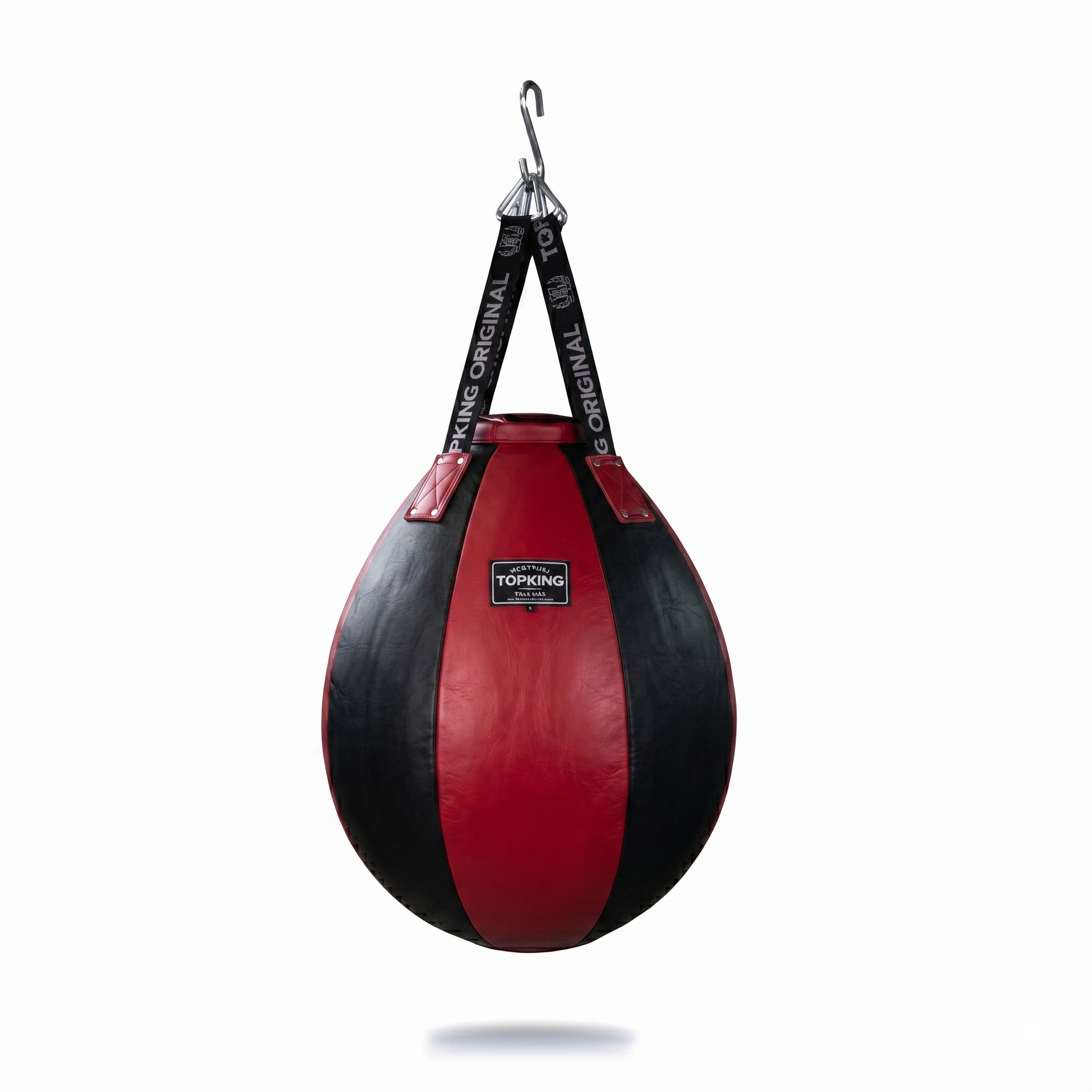 Red and black punching bag with a hanging strap on a white background
