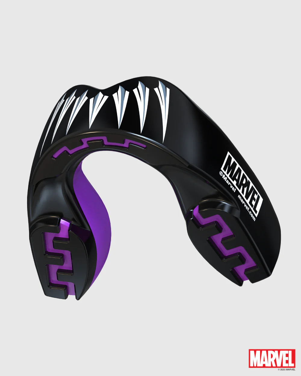 Black and purple mouthguard with Marvel logo on a gray background