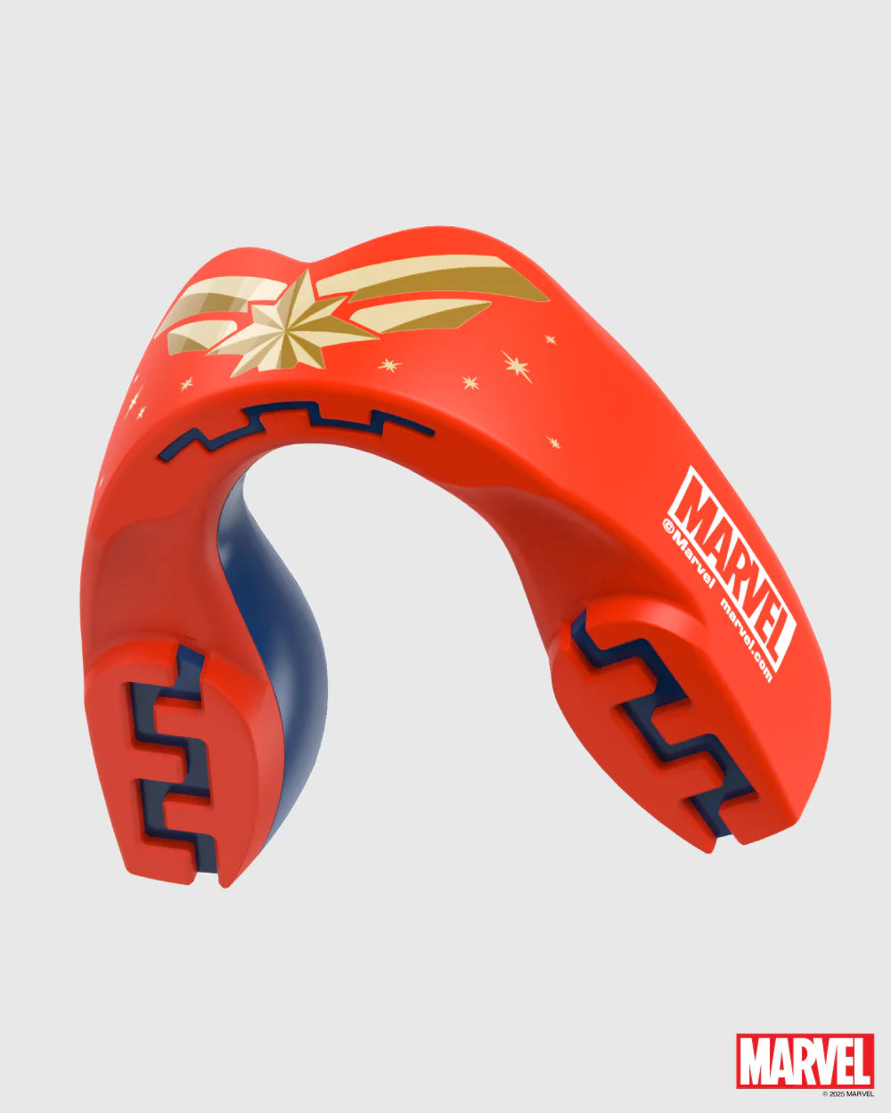 Red and blue mouthguard with Marvel logo on a white background