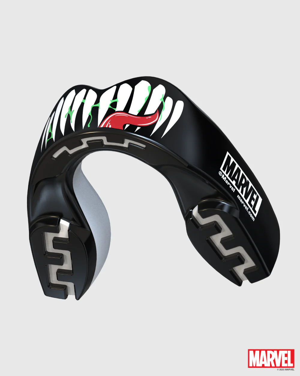 Black mouthguard with white and red design on a gray background, featuring Marvel logo.