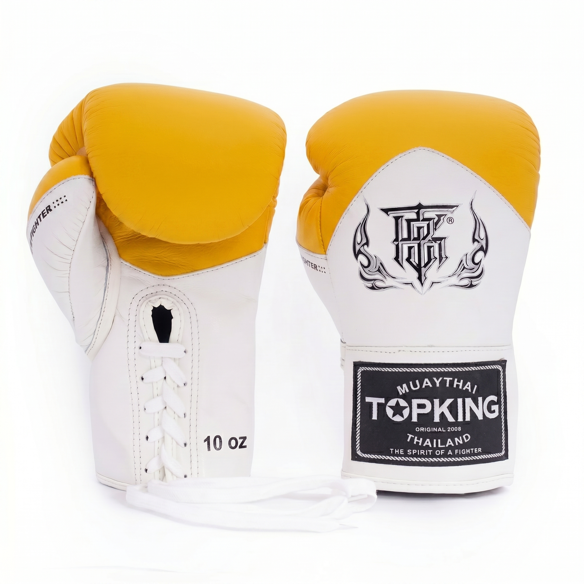 White and yellow boxing gloves with Topking branding on a white background