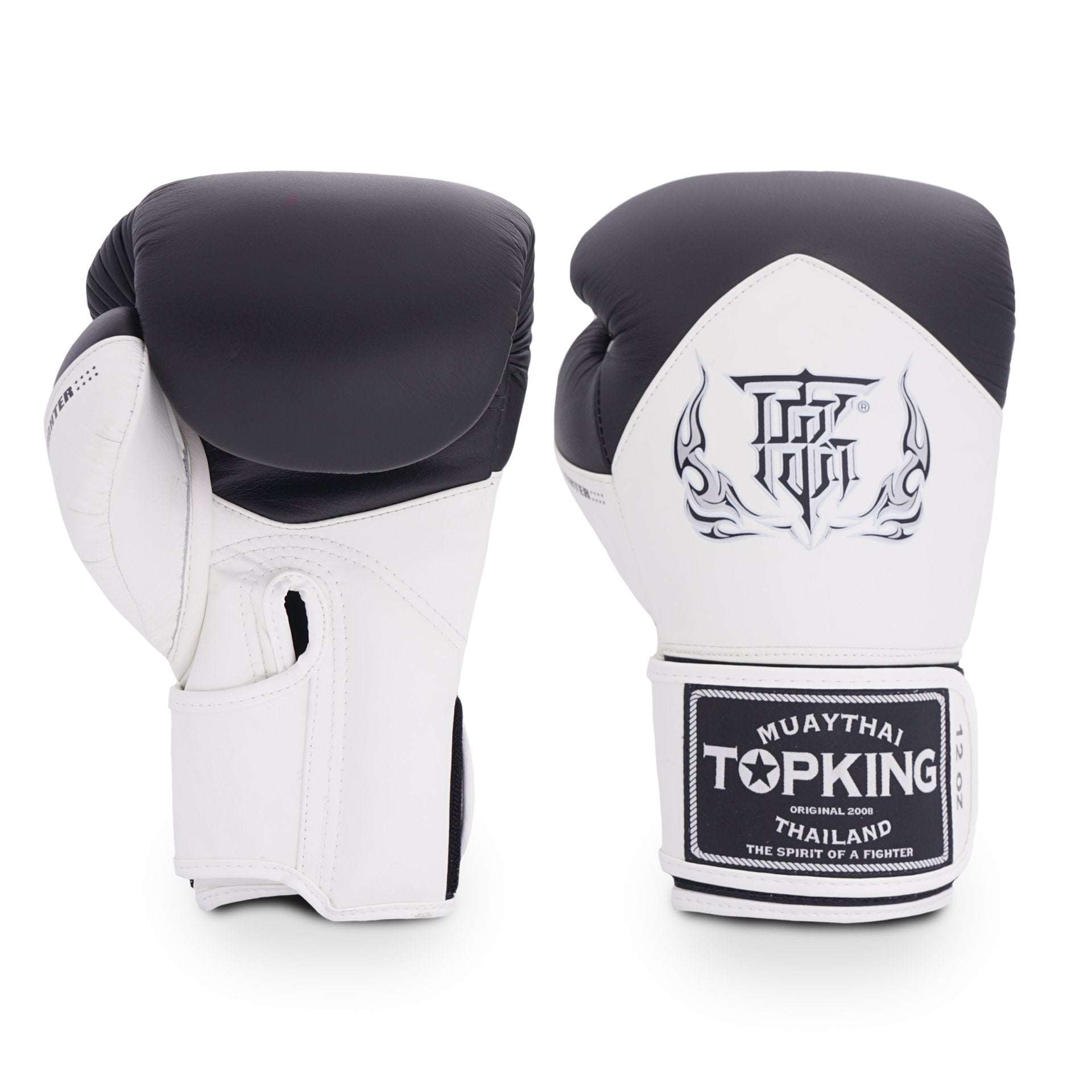 Pair of white and black boxing gloves with TopKing branding on a white background